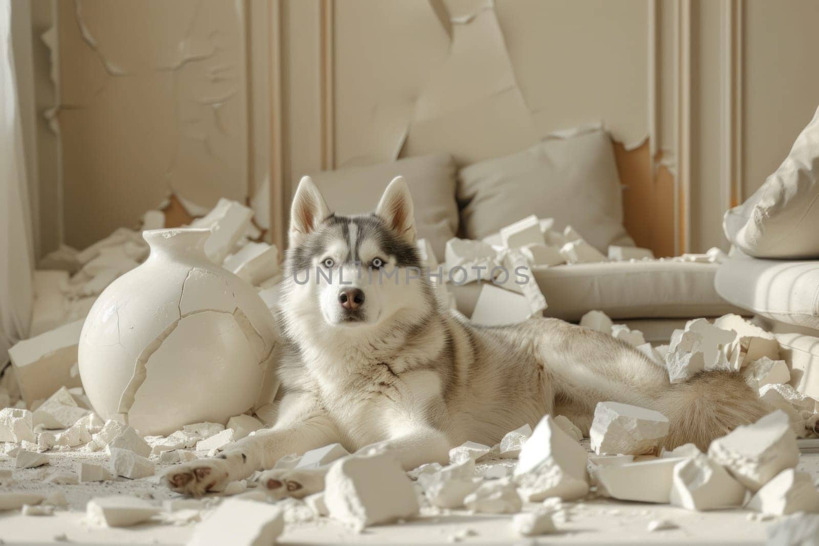 Siberian husky, broken vase fragments of porcelain around the dog in a modern house living room area by golfmerrymaker