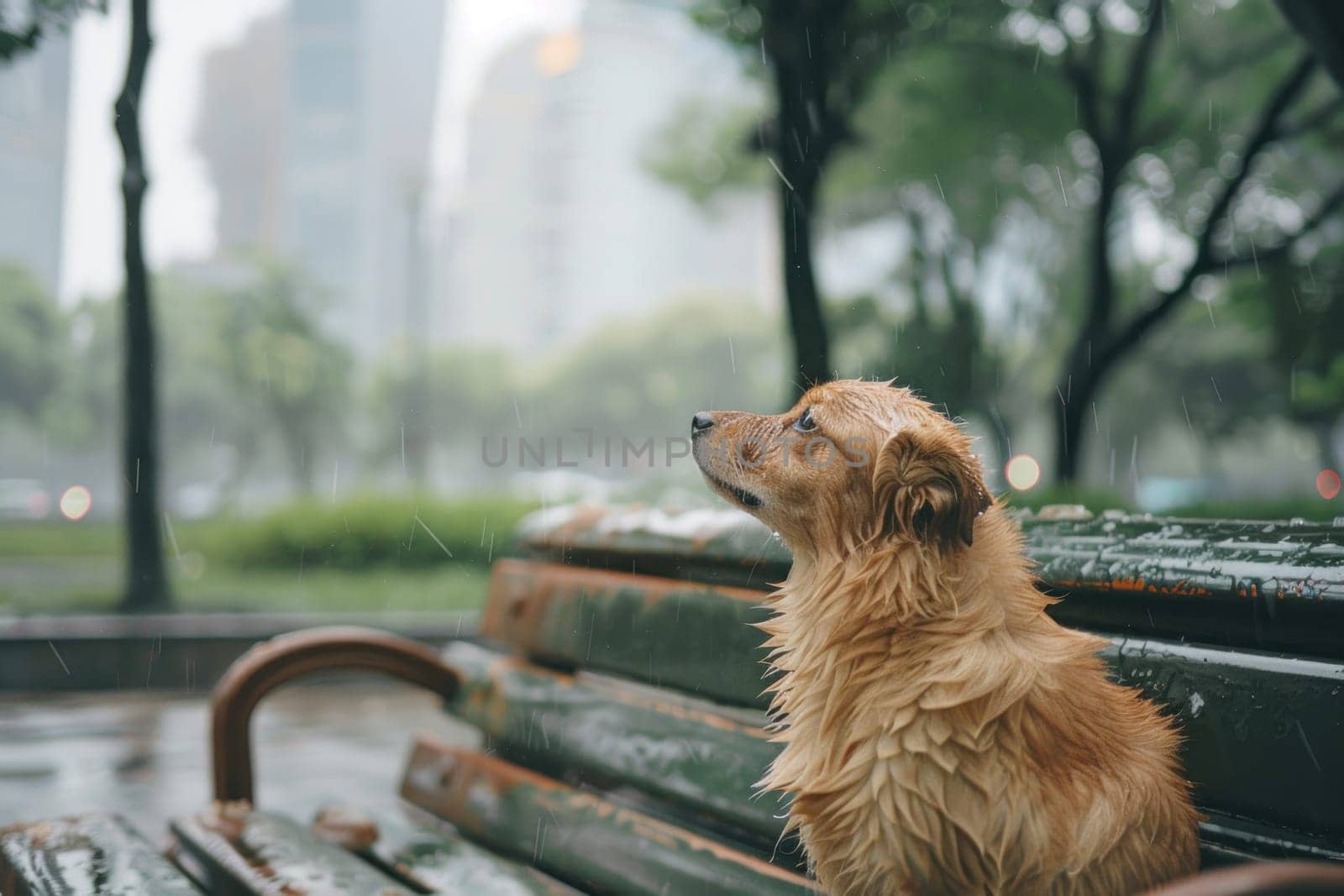Dog wet from the rain is sitting on the bench in the Park.