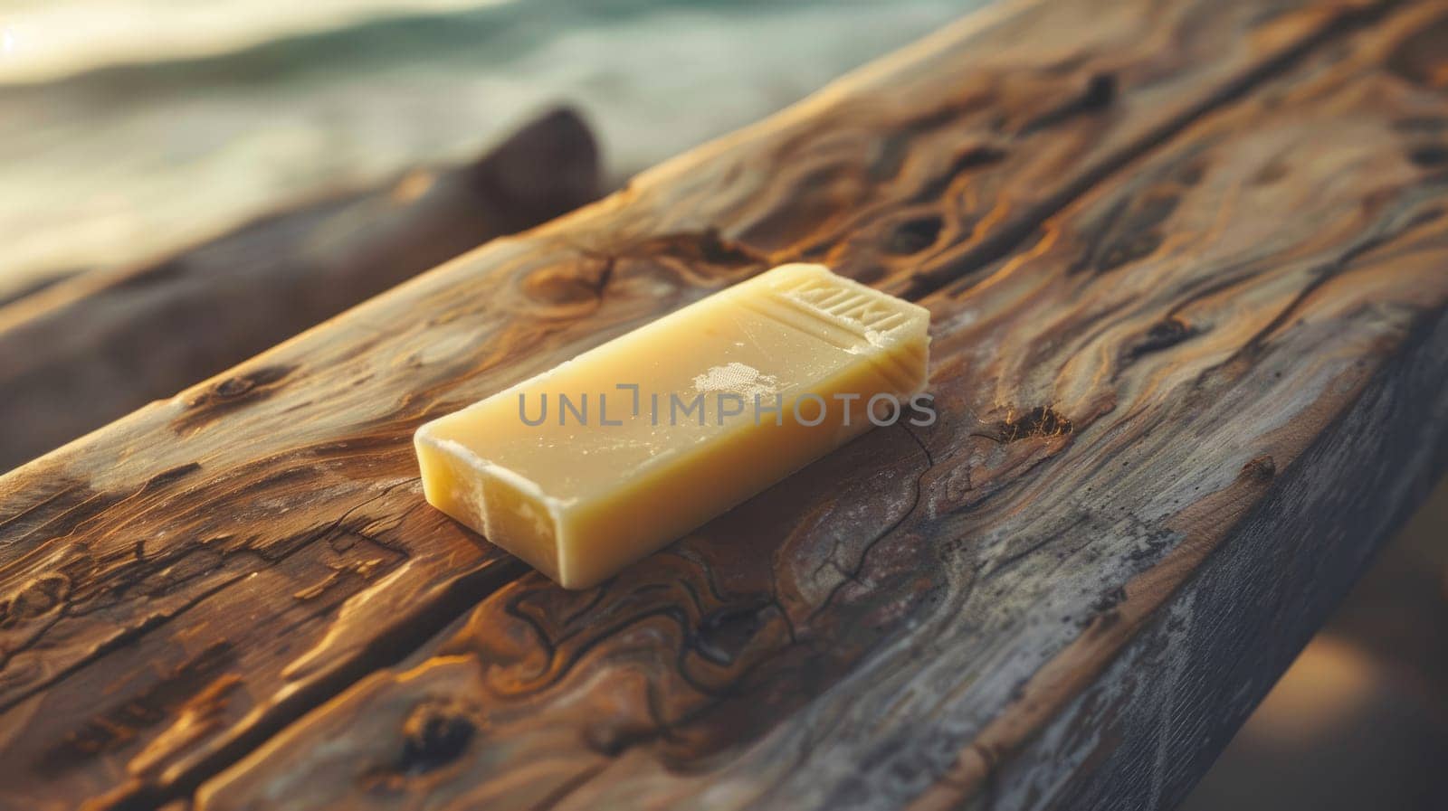 A bar of soap rests on a wooden surfboard made of hardwood, creating a contrast between the natural ingredients of the beach landscape and the manufactured wood material AIG50