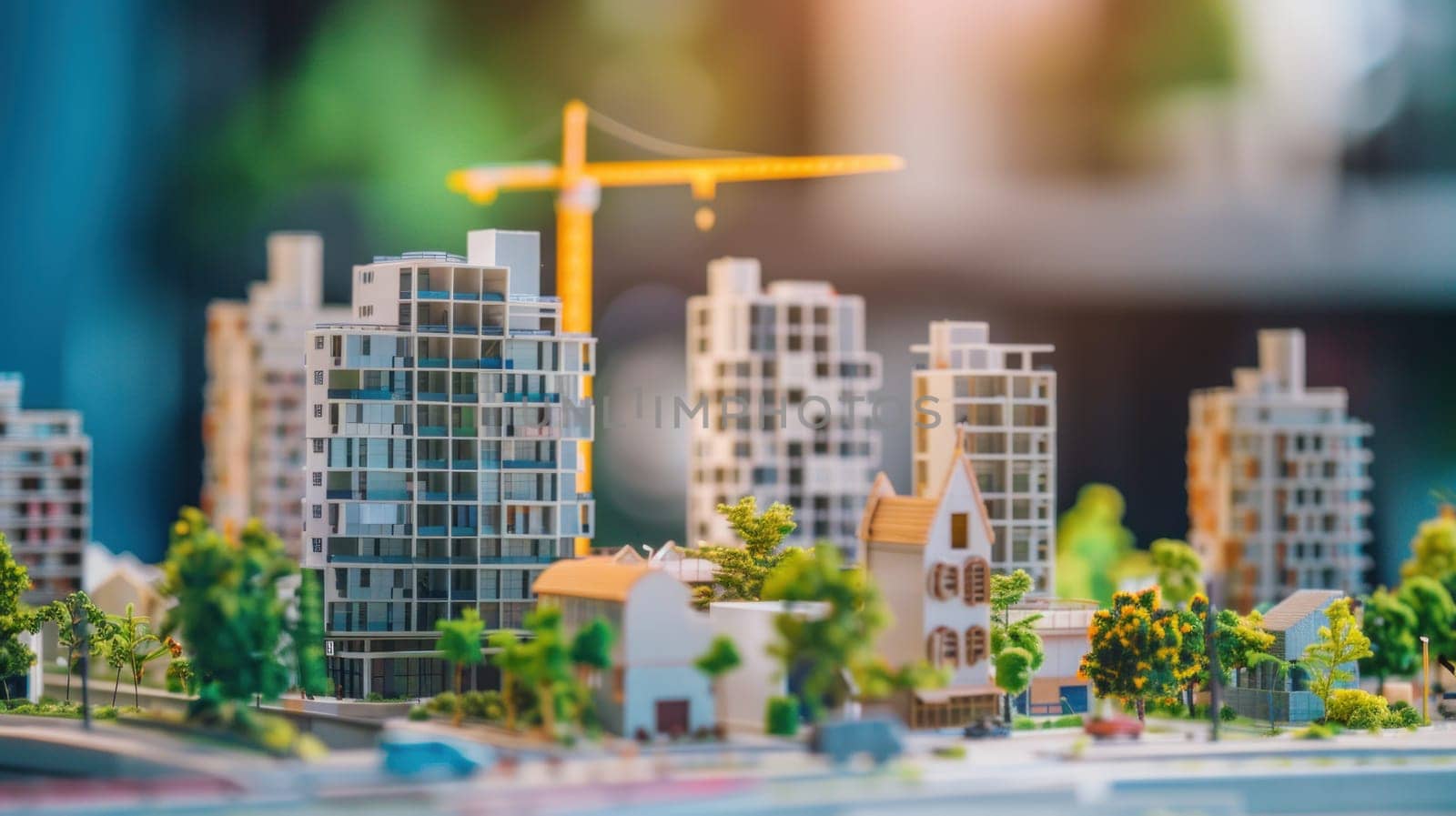 A model of a house with a crane in the background.