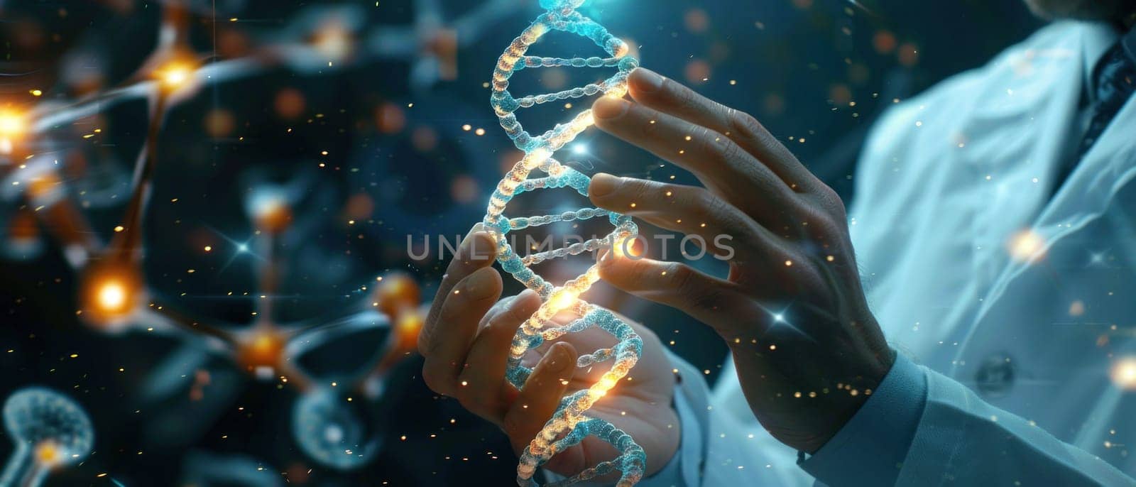 A person is holding a DNA strand in their hands.