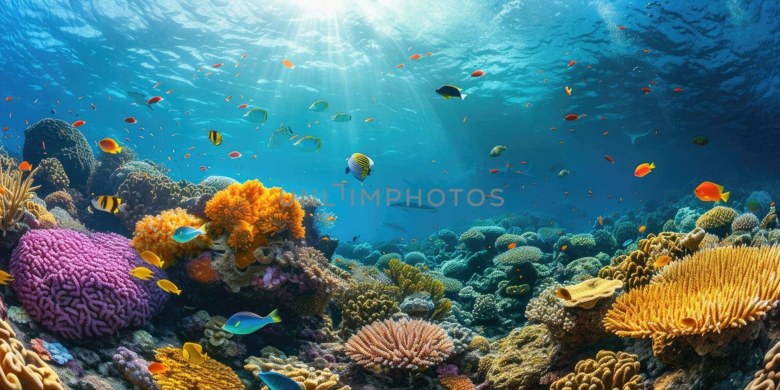 An underwater coral reef scene, diverse marine life, vivid colors, showcasing the beauty and diversity of ocean life. Underwater photography, coral reef ecosystem, diverse marine life,. Resplendent.