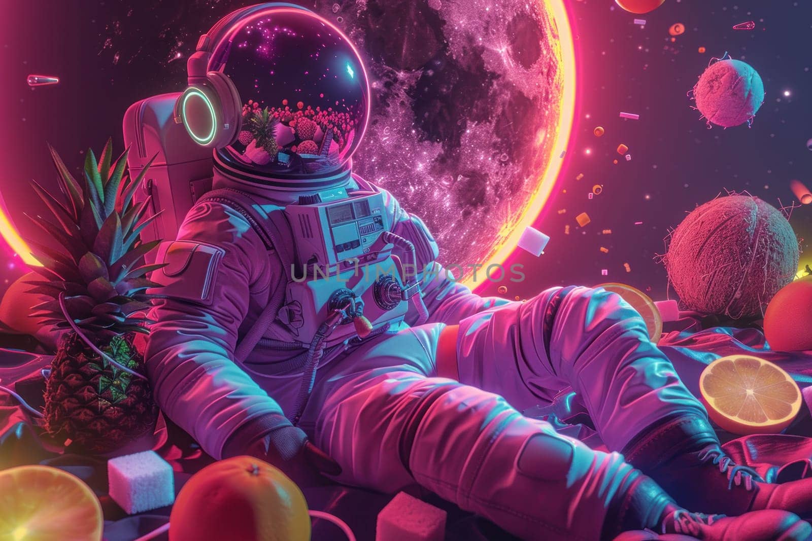 A colorful space scene with a man in a spacesuit sitting on a rock with a bunch by golfmerrymaker