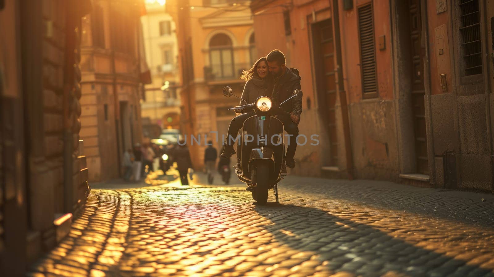 Couple of romantic couple riding motorcycle together surrounded with urban landscape and orange ray of sunset. The couple shares moments of pure happiness and connection. Adventure concept. AIG42.