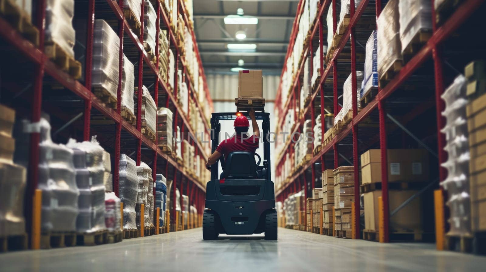 Smart warehouse worker or operator driving forklift and lifted product surrounded with box at storage. Professional engineer working in ware house while using machine carry or transport box. AIG42.
