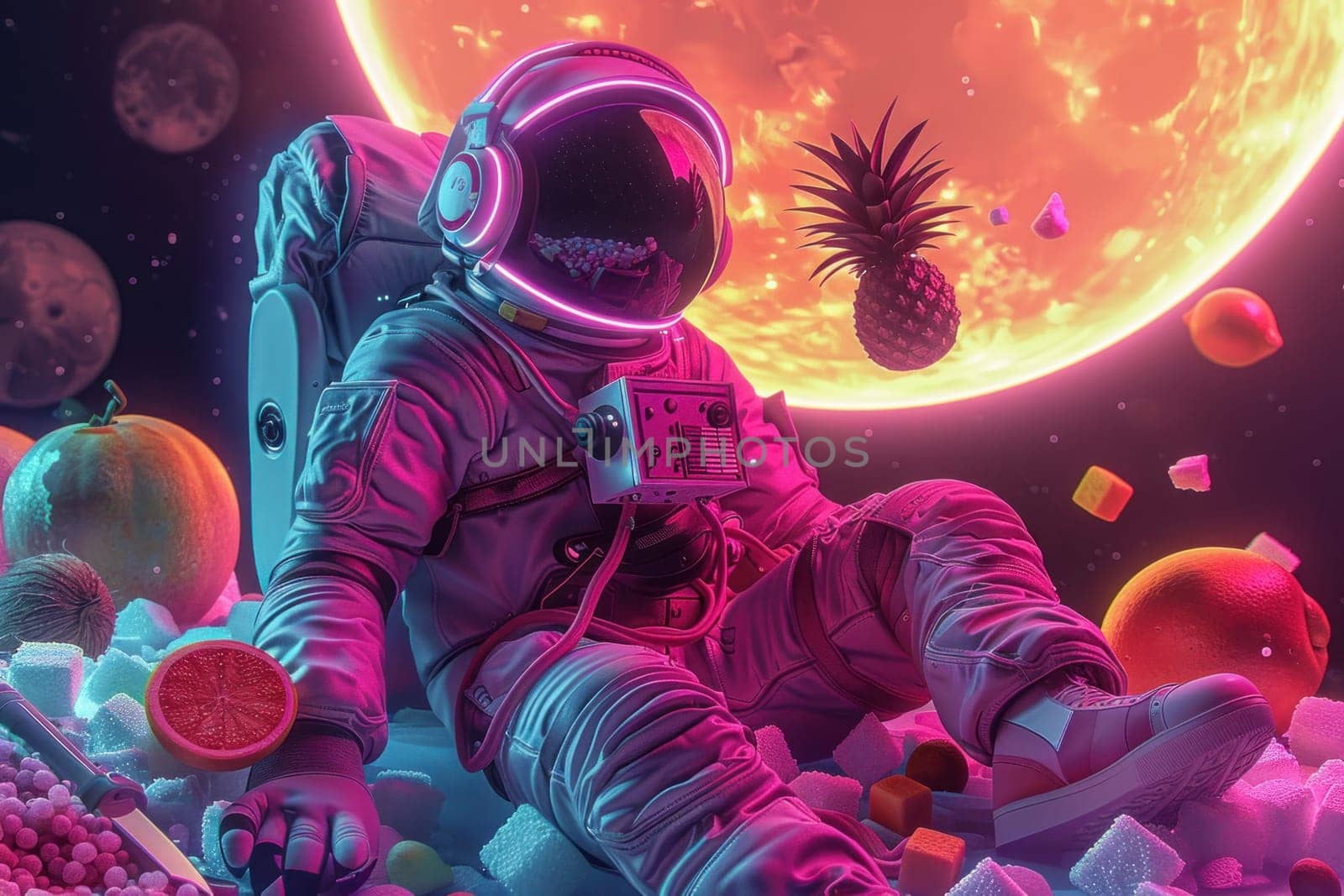 A colorful space scene with a man in a spacesuit sitting on a rock with a bunch by golfmerrymaker