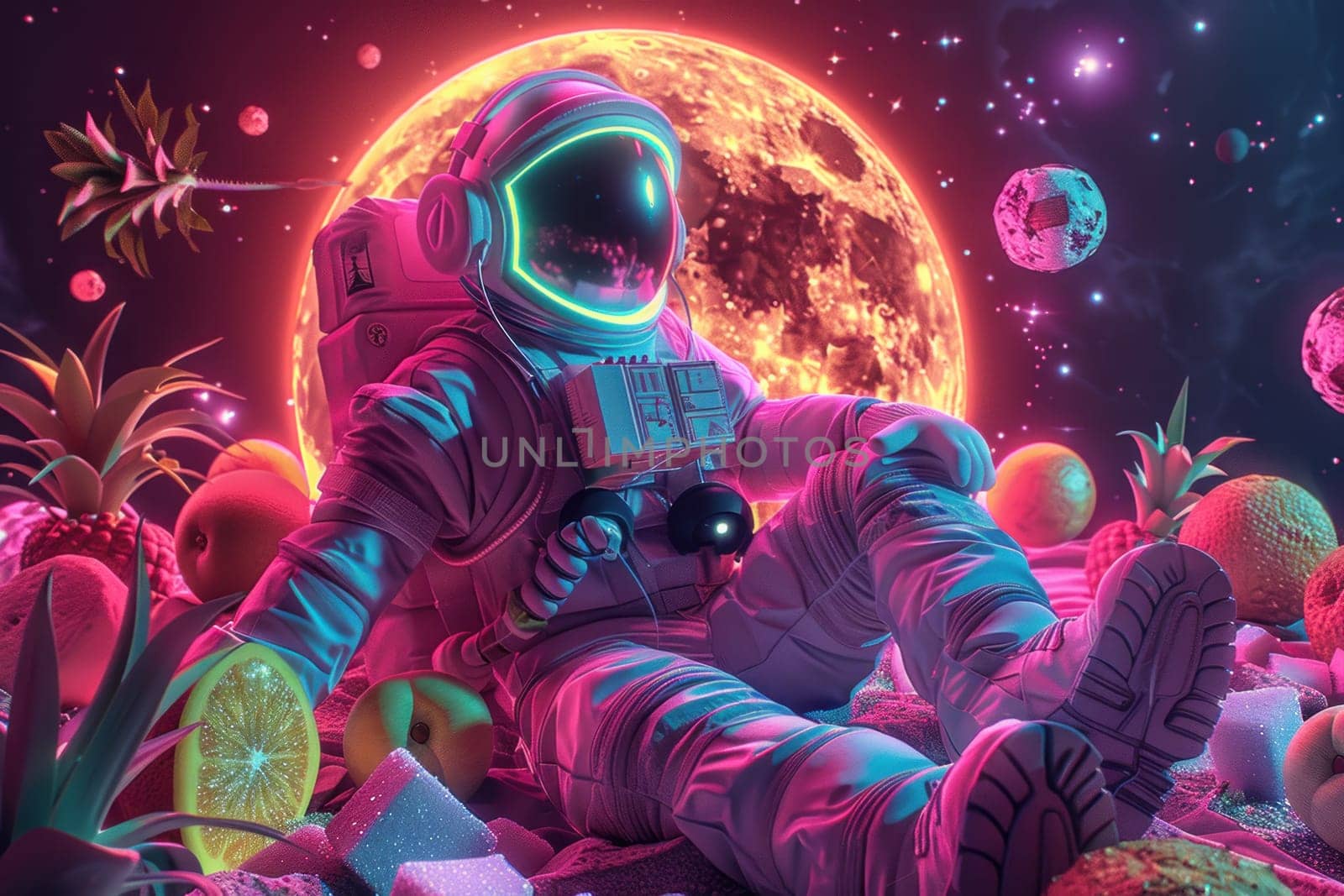 A colorful space scene with a man in a spacesuit sitting on a rock with a bunch.