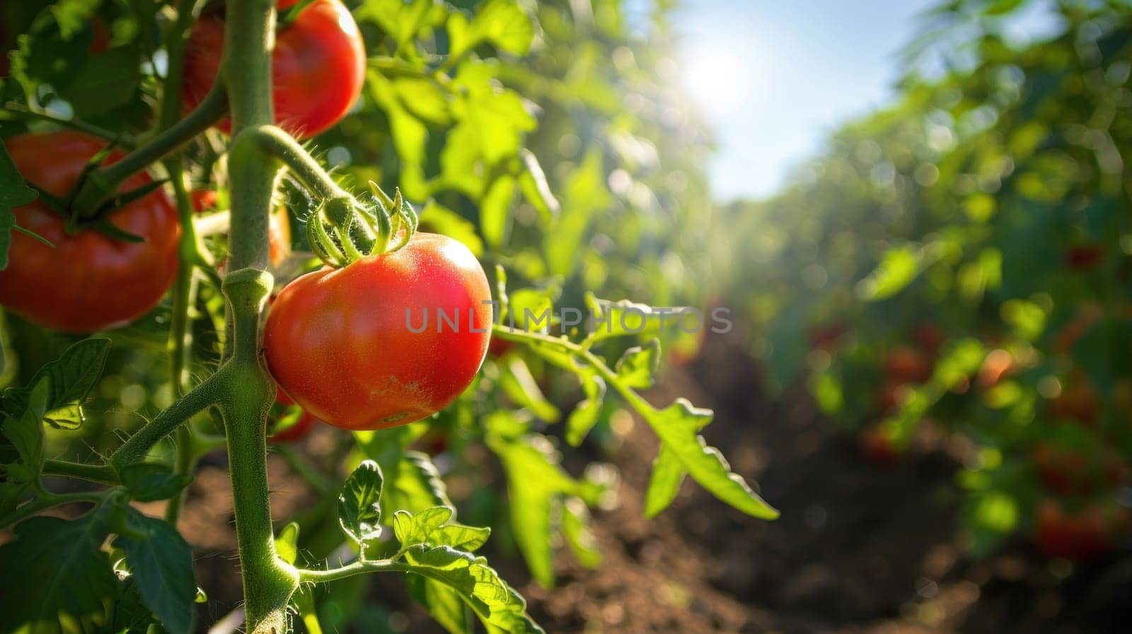 A tomato plant with a red tomato hanging from it. The tomato is surrounded by green leaves. Concept of growth and abundance, as the tomato plant is thriving and producing fruit
