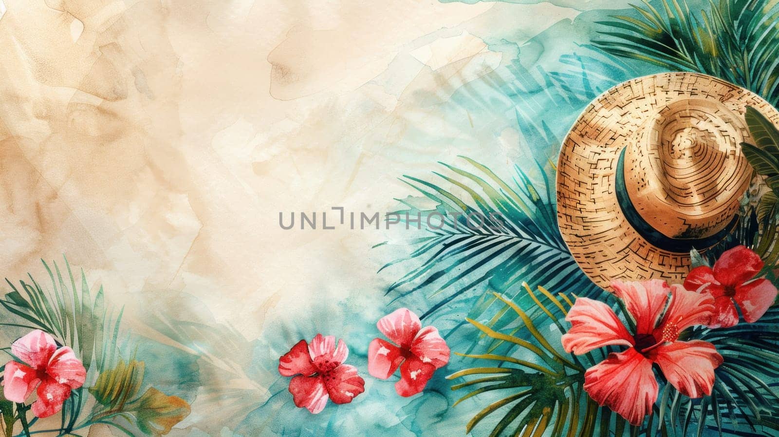 A painting of a tropical scene with pink flowers and green leaves by golfmerrymaker