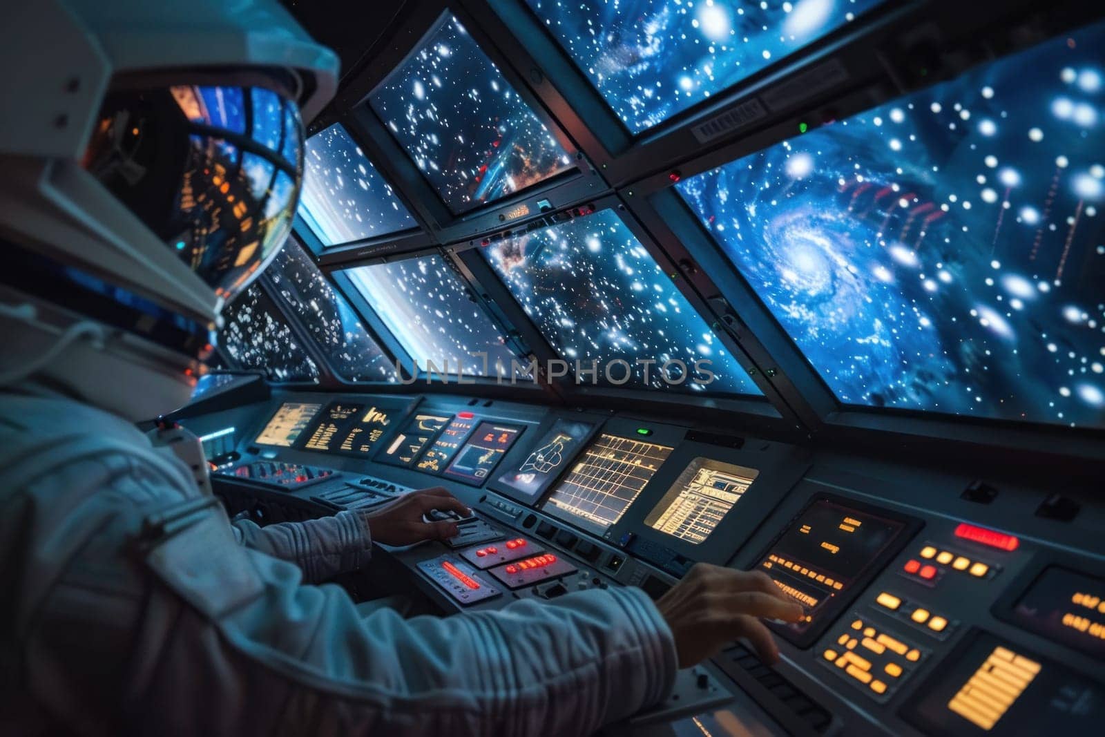 A man in a spacesuit is piloting a spaceship through space by golfmerrymaker