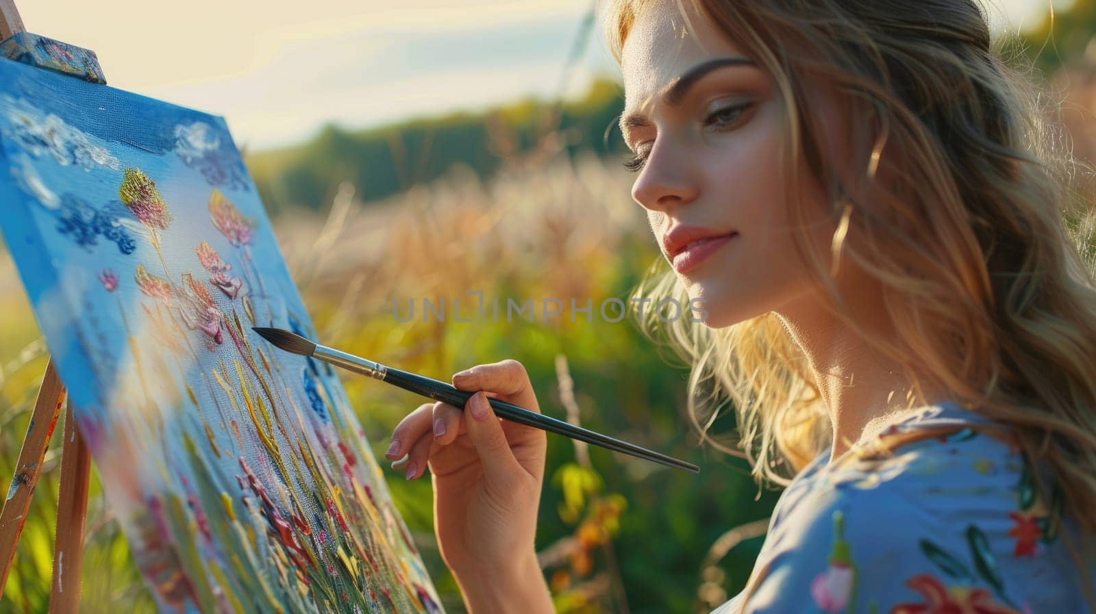 A woman with flowing hair and a happy facial expression is painting on an easel in a field, her mouth curved into a smile, eyelashes fluttering. The scene radiates fun and art at an outdoor event AIG50