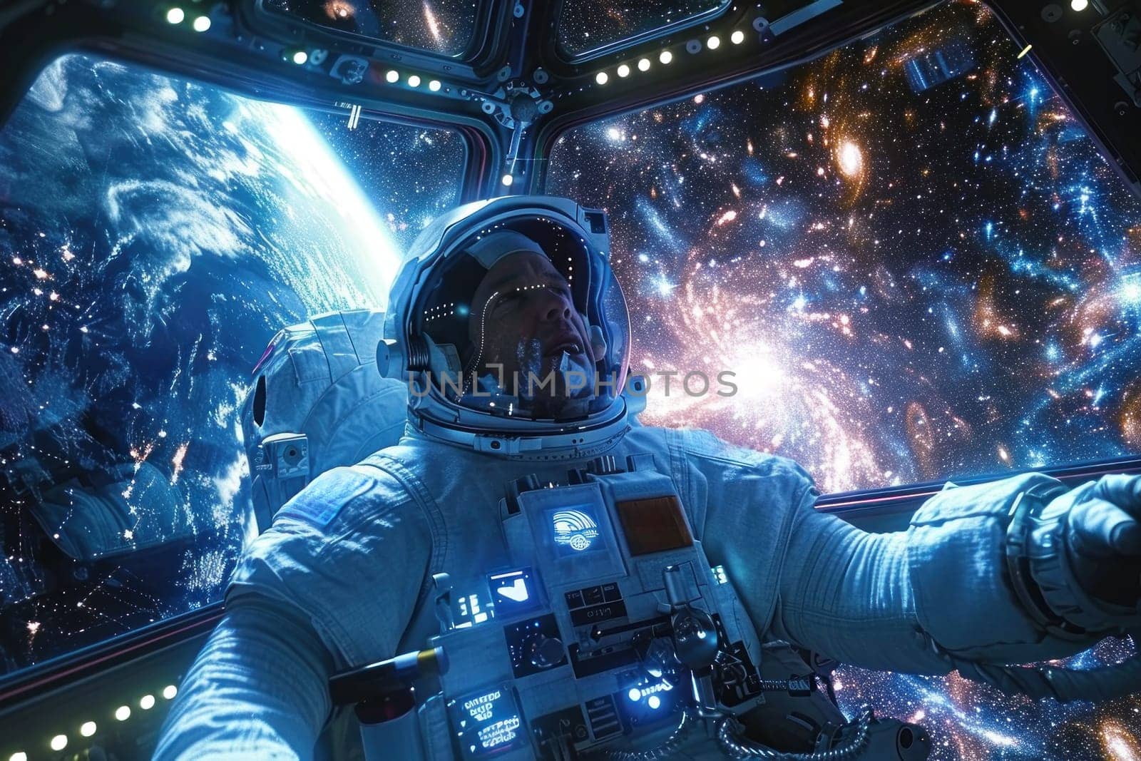 A man in a spacesuit is piloting a spaceship through space by golfmerrymaker