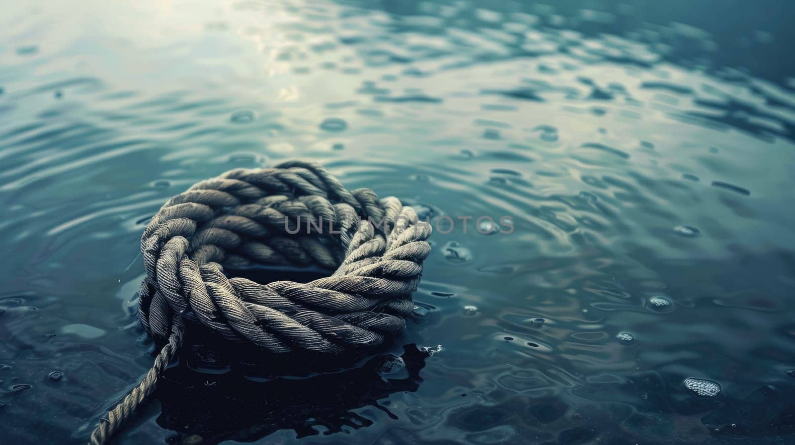 A rope is tethered to a rock by the fluid landscape of water, swaying with each wind wave. The electric blue waves create a mesmerizing art event AIG50