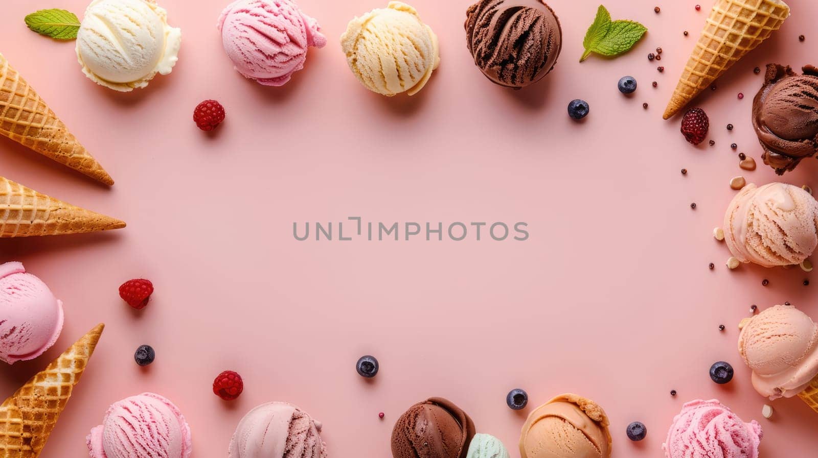 Explore a variety of food options like ice cream flavors and raspberries on a pink background. Perfect for cake decorating supplies or baked goods with a touch of artistry AIG50
