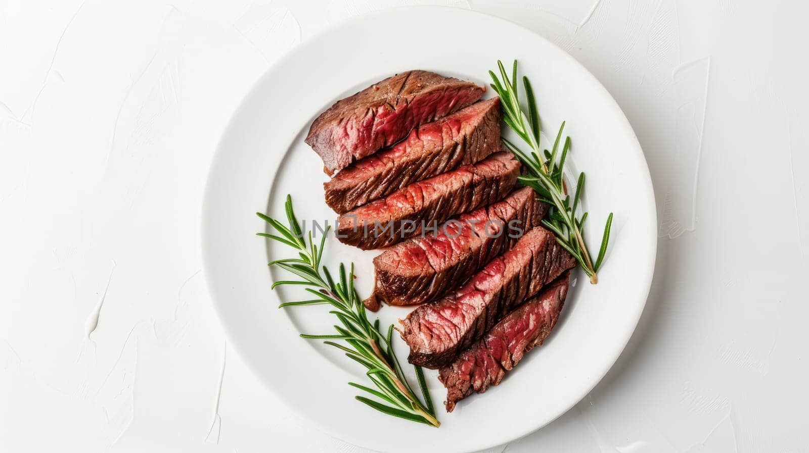 A plate of delicious sliced steak with rosemary on a white background. AIG51A.