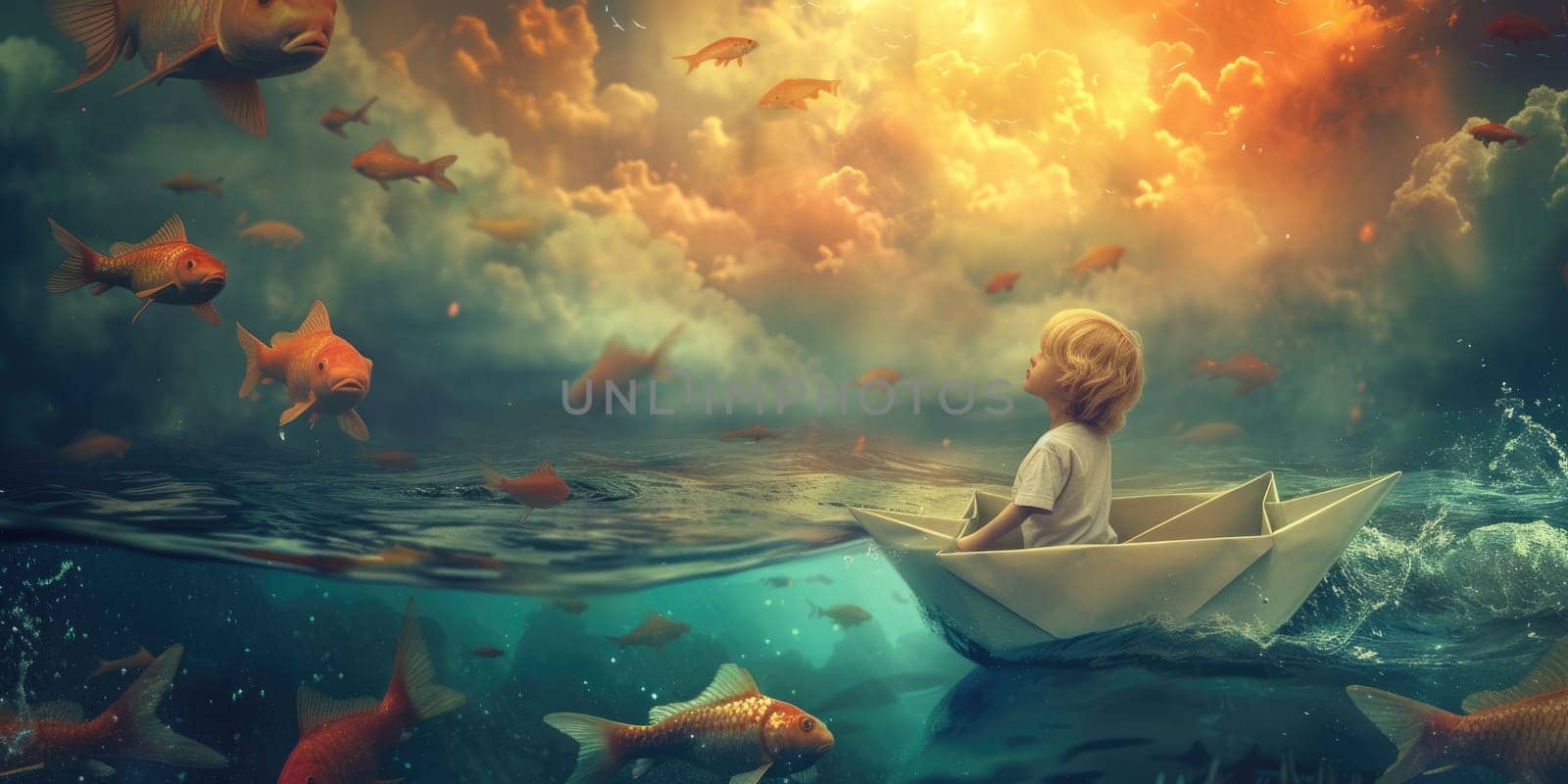Abstract image of smart child sailing at paper boat in the ocean and looking at fish swimming in air. Skilled elementary student start the journey while using paper boat to adventure at sunset. AIG42.