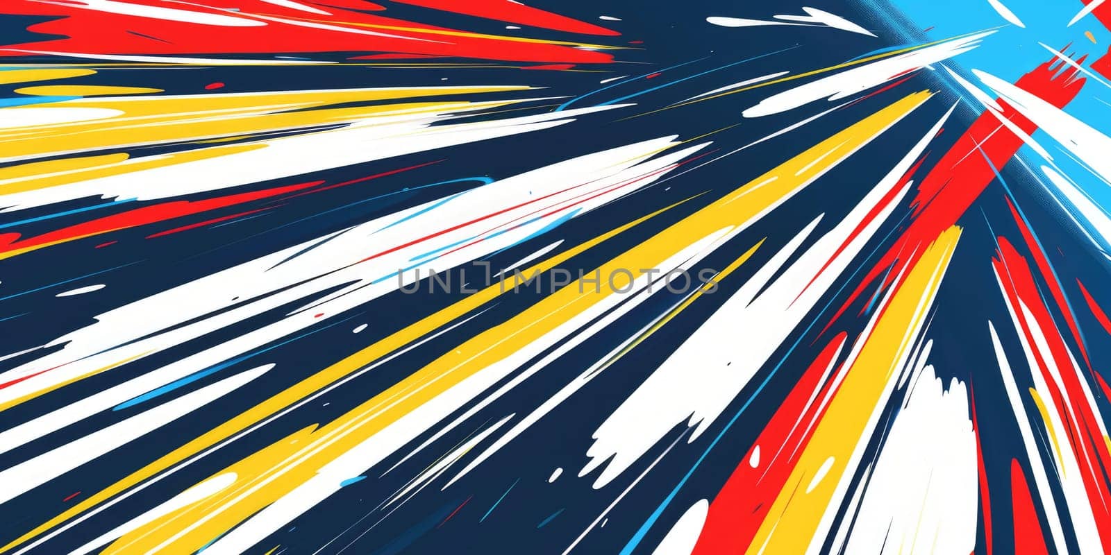 Colorful abstract painting with bright red, yellow, blue, and white colors. AIG51A.