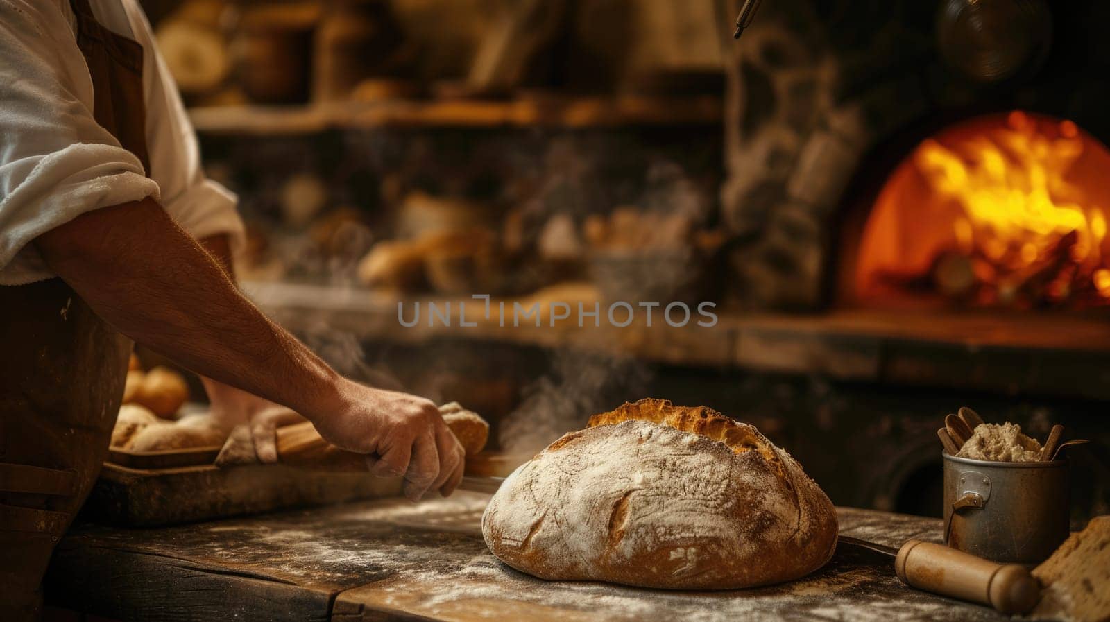 A man, wearing a hat, is preparing bread using ingredients in a bakery and cooking it with wood for a delicious dish. AIG41