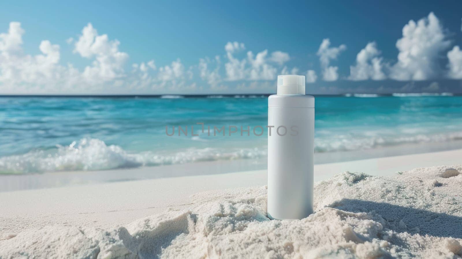 A bottle of perfume rests on the sandy beach as the sun sets over the tranquil water, casting a dreamy light on the fluid horizon and painting the sky with soft clouds AIG50