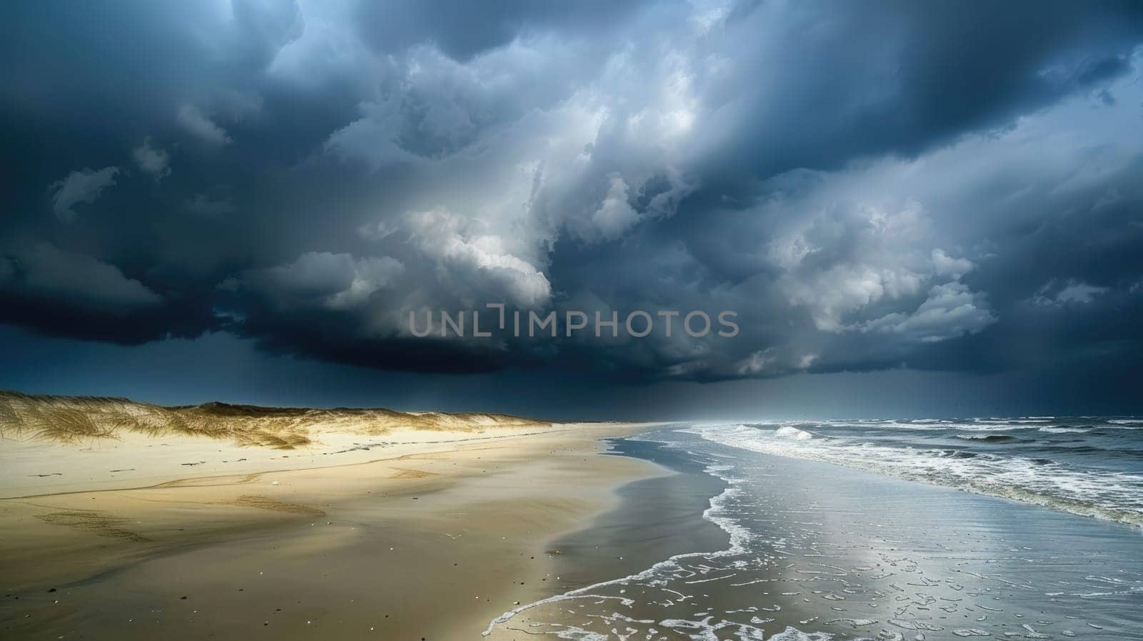 A sandy beach with wind waves crashing against the shore under a stormy sky filled with cumulus clouds, creating a dramatic natural landscape AIG50