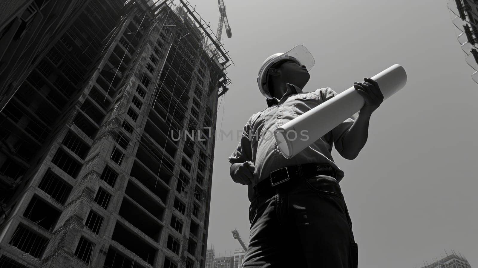 Professional smart civil engineer looking and planning building construction. Skilled foreman wearing safety helmet while standing and designing house structure with tower or modern skyscraper. AIG42.