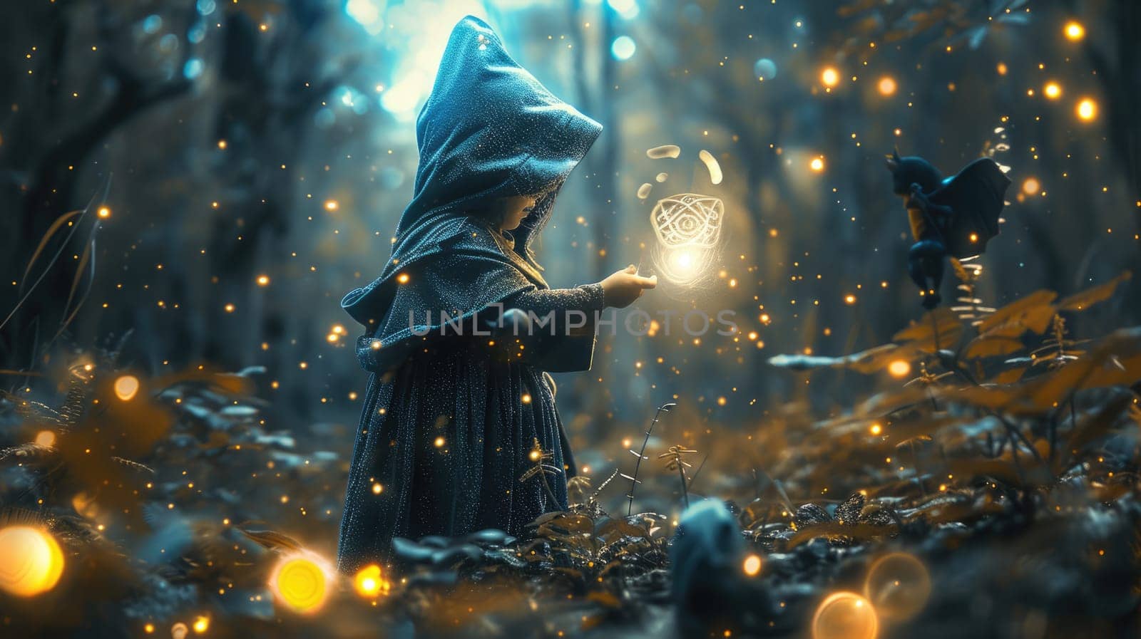 Smart wizard casting magical spell while preparing for ceremony at fantasy forest with glowing flower. Professional attractive witch testing his powerful magical spell or luminous magic. AIG42.