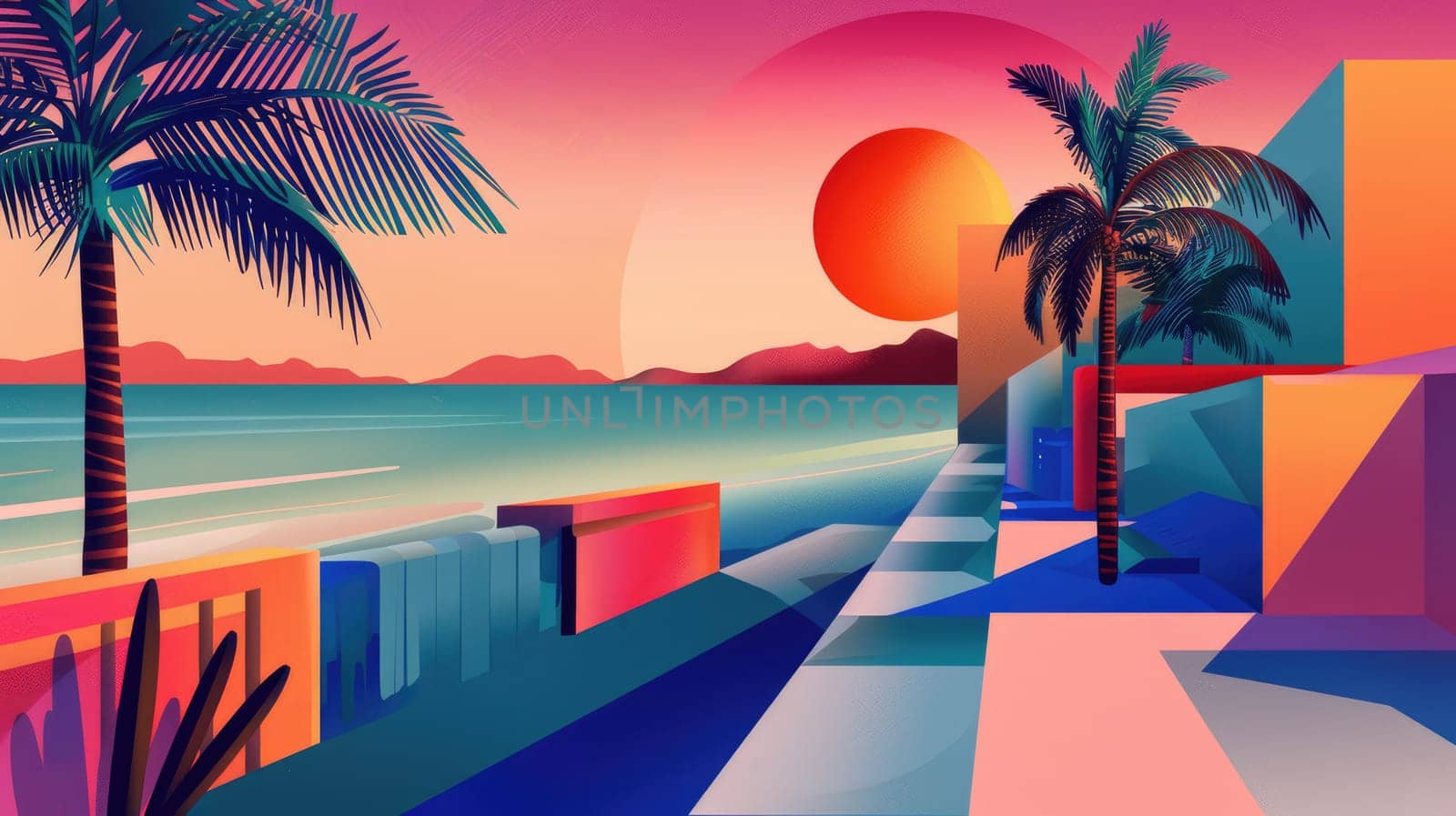 A vibrant painting depicting a breathtaking sunset over a tranquil lake, with majestic mountains in the background. The sky is filled with colorful clouds, creating a stunning visual arts event AIG50