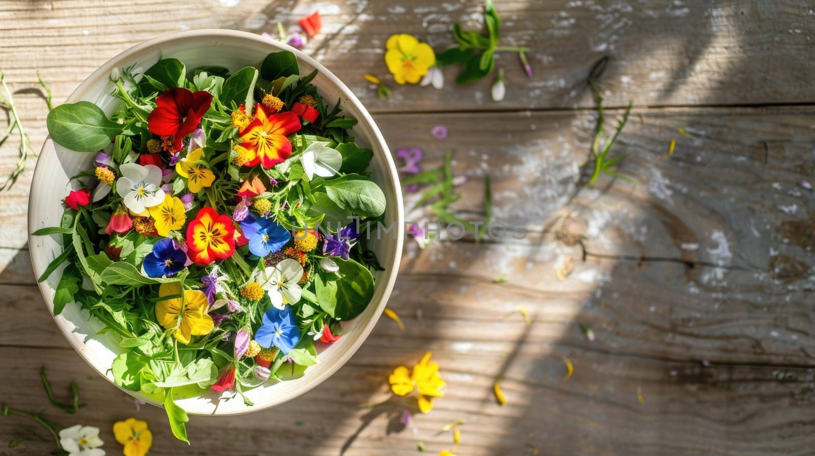 An artful arrangement of leafy greens and colorful flowers in a bowl, placed on a vibrant blue table. The natural landscape is enhanced with this beautiful botanical illustration AIG50
