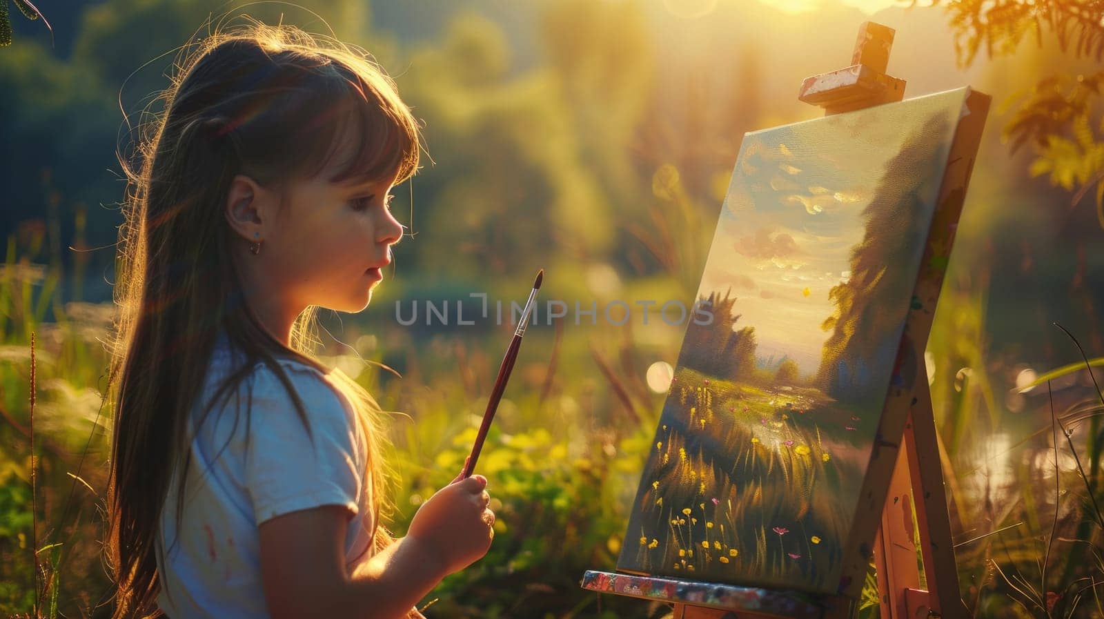 A young artist is painting a picture in a meadow, surrounded by a beautiful natural landscape. The grassland provides the perfect backdrop for her artistic expression AIG50