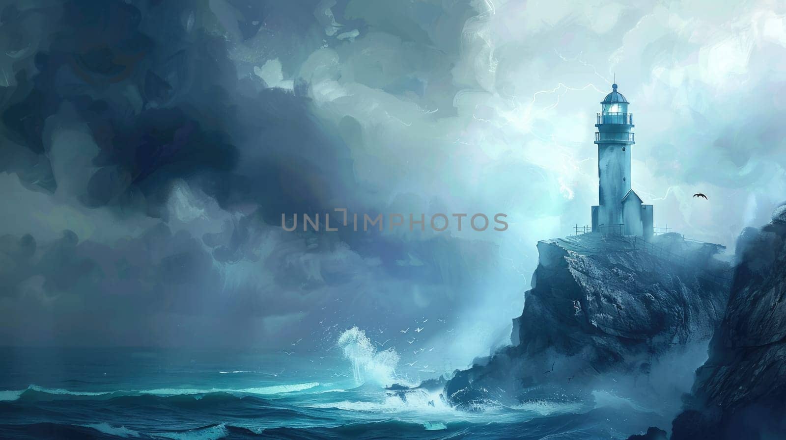 A lighthouse stands on a cliff above the ocean on a cloudy day, with water below, cumulus clouds in the sky, and wind waves on the horizon AIG50