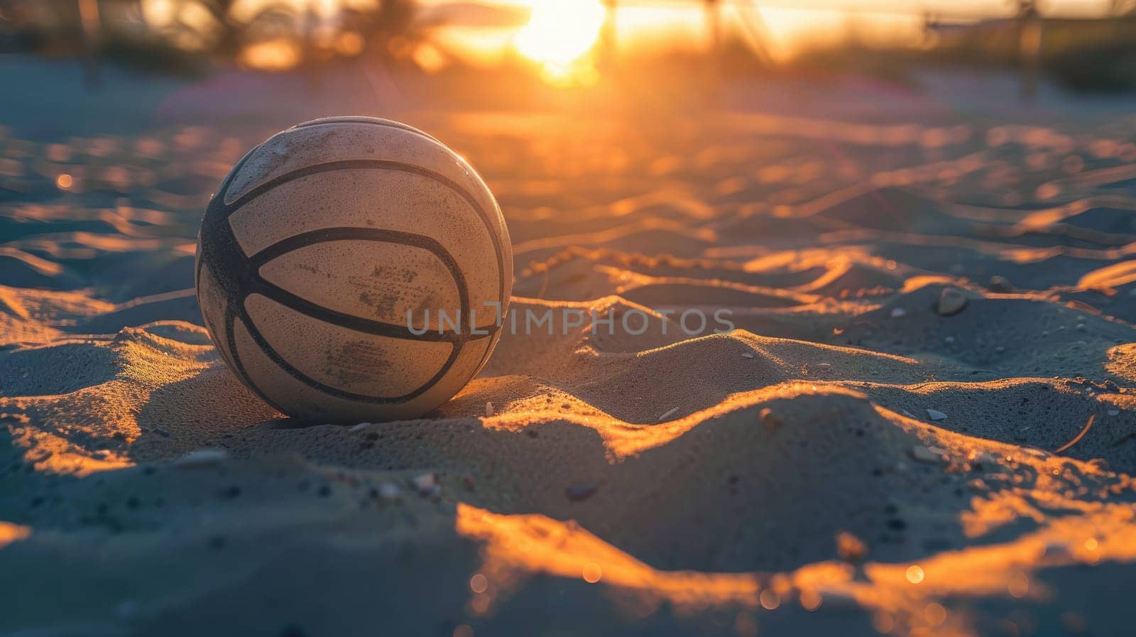 A volleyball rests atop a sandy dune overlooking the beautiful beach landscape, surrounded by aeolian landforms and hardwood flooring AIG50