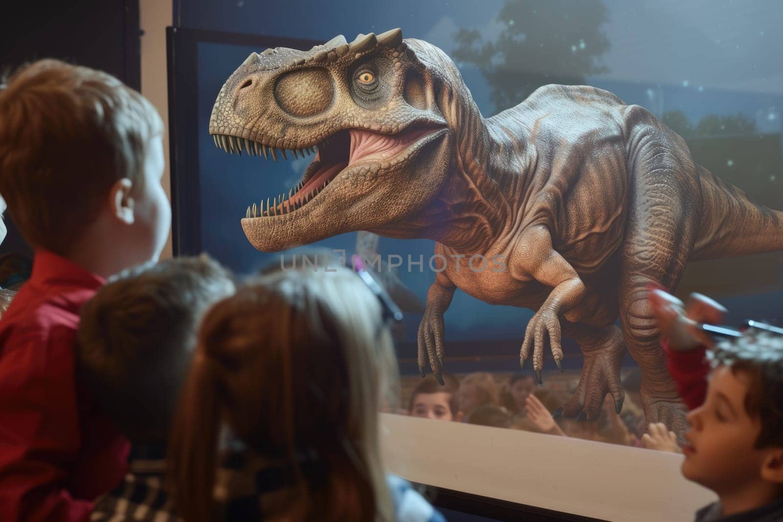 Group of excited elementary student studying and looking at dinosaur at classroom. Diverse children excited to studying while looking at raptor at museum or exhibition hall. Creative learning. AIG42.