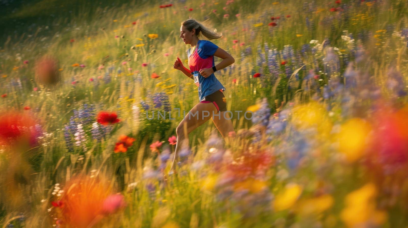 A female athlete in vibrant sportswear runs energetically through a field adorned with colorful wildflowers during a race. AIG41