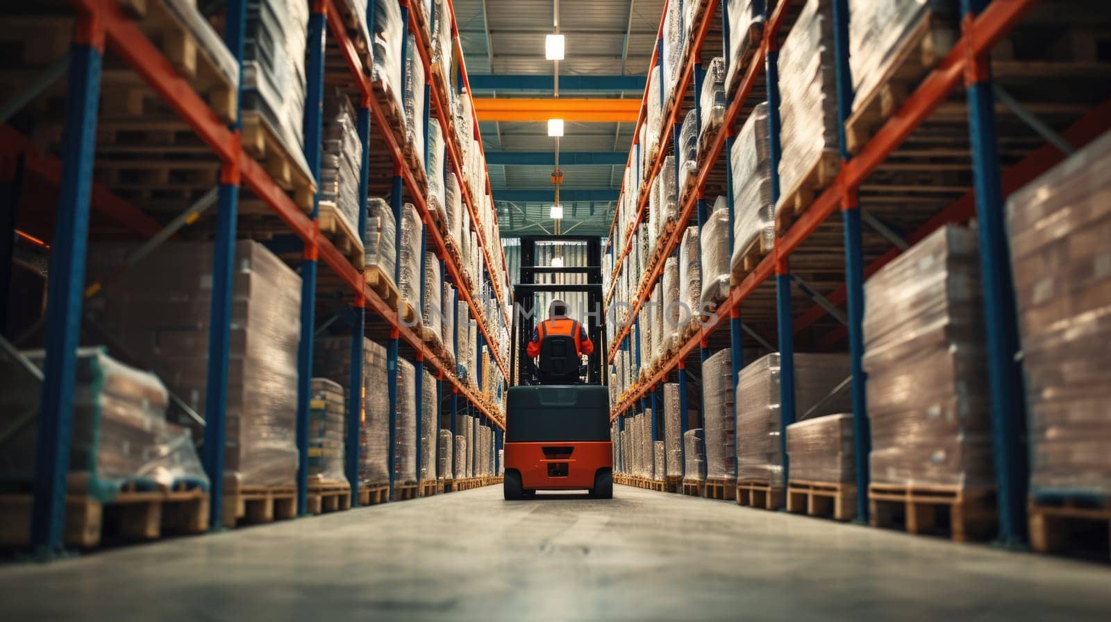A man operates a forklift in a warehouse, transporting goods amidst shelves of building materials and wooden flooring. AIG41