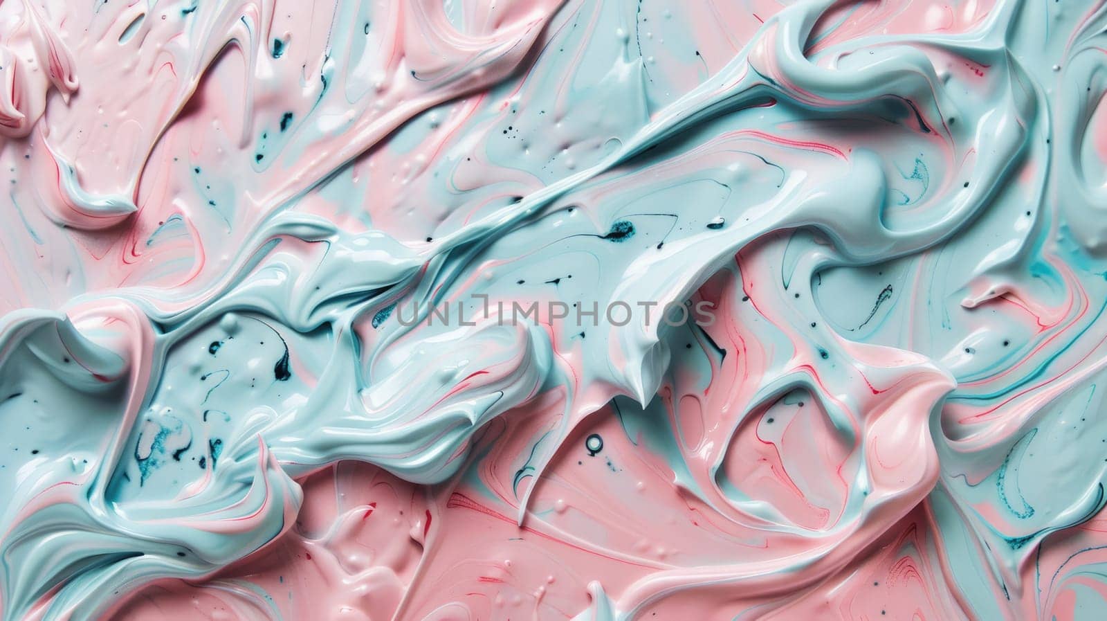A detailed closeup of a vibrant red, white, and blue paint swirl showcasing a mesmerizing pattern resembling a geological phenomenon with hints of magenta and electric blue mixed in the liquid paint AIG50