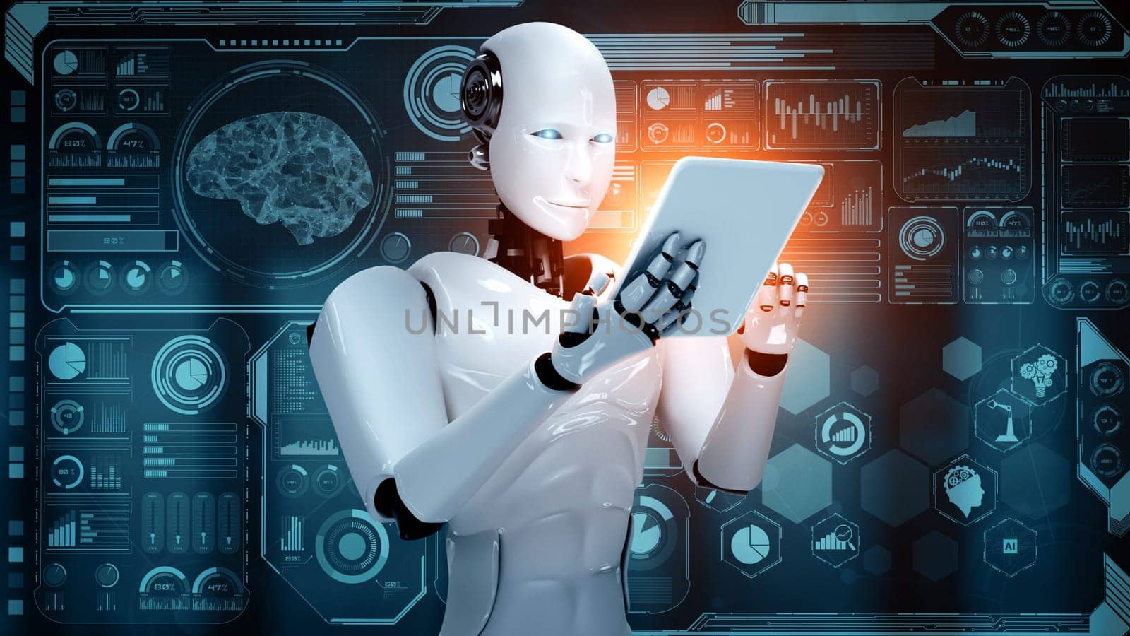 MLP 3d illustration Robot hominoid using tablet computer for big data analytic using AI thinking brain , artificial intelligence and machine learning process for the 4th fourth industrial revolution. 3D rendering.