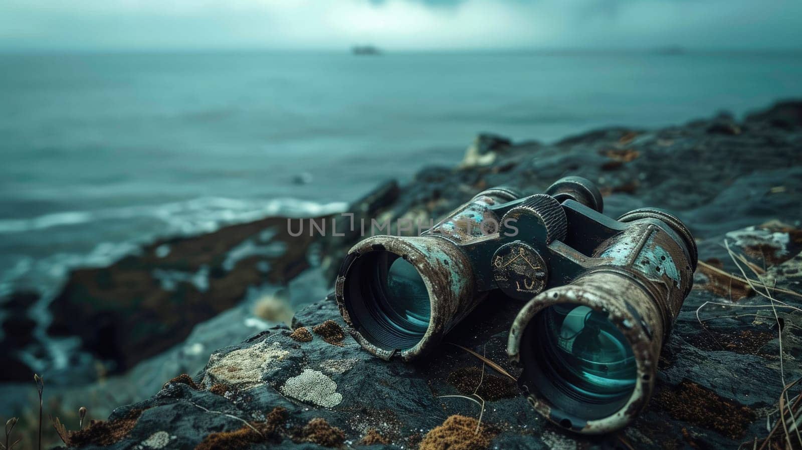 A pair of binoculars rests on a sturdy rock overlooking the ocean, where wind waves crash against the rocky shores and liquid water meets solid bedrock AIG50