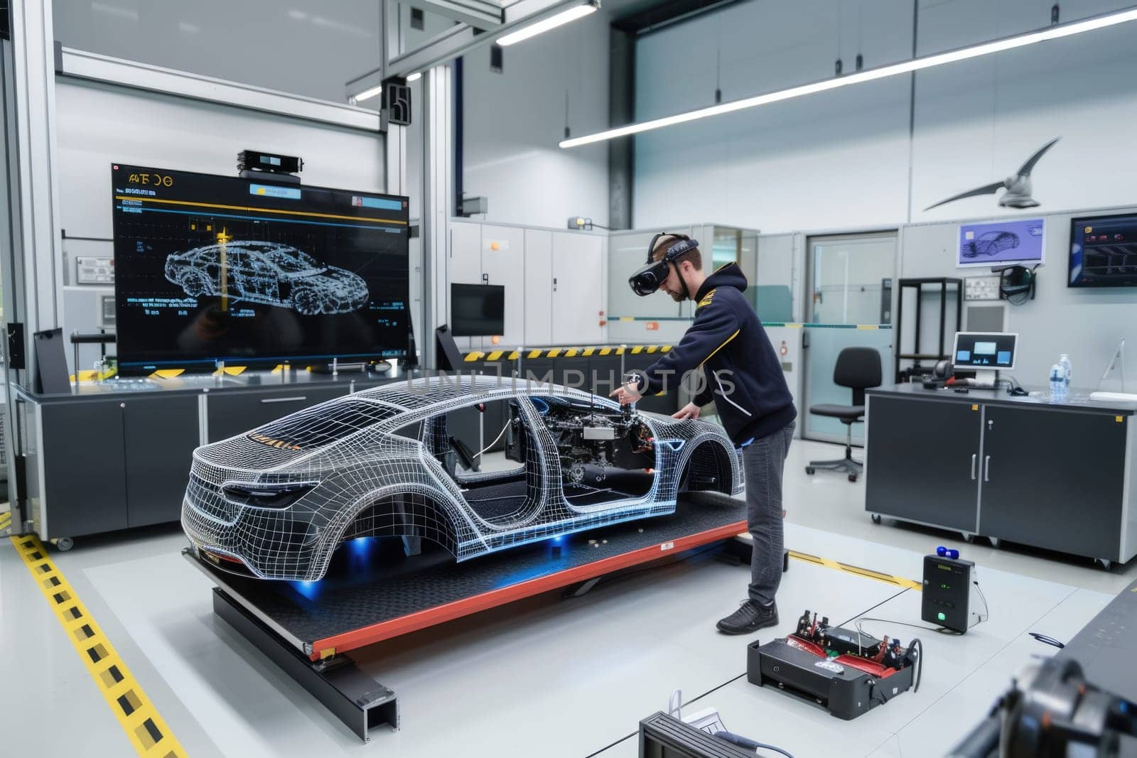 Professional technician checking and inspecting vehicle machine system while wearing formal cloth. Skilled automotive engineer designing and testing car design by using technology innovation. AIG42.