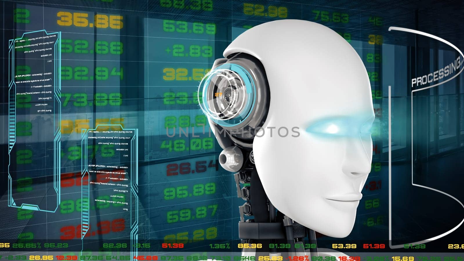 MLP 3d illustration Futuristic robot, artificial intelligence CGI for stock exchange market trading. Robotic man 3D render animation. 3D illustration.