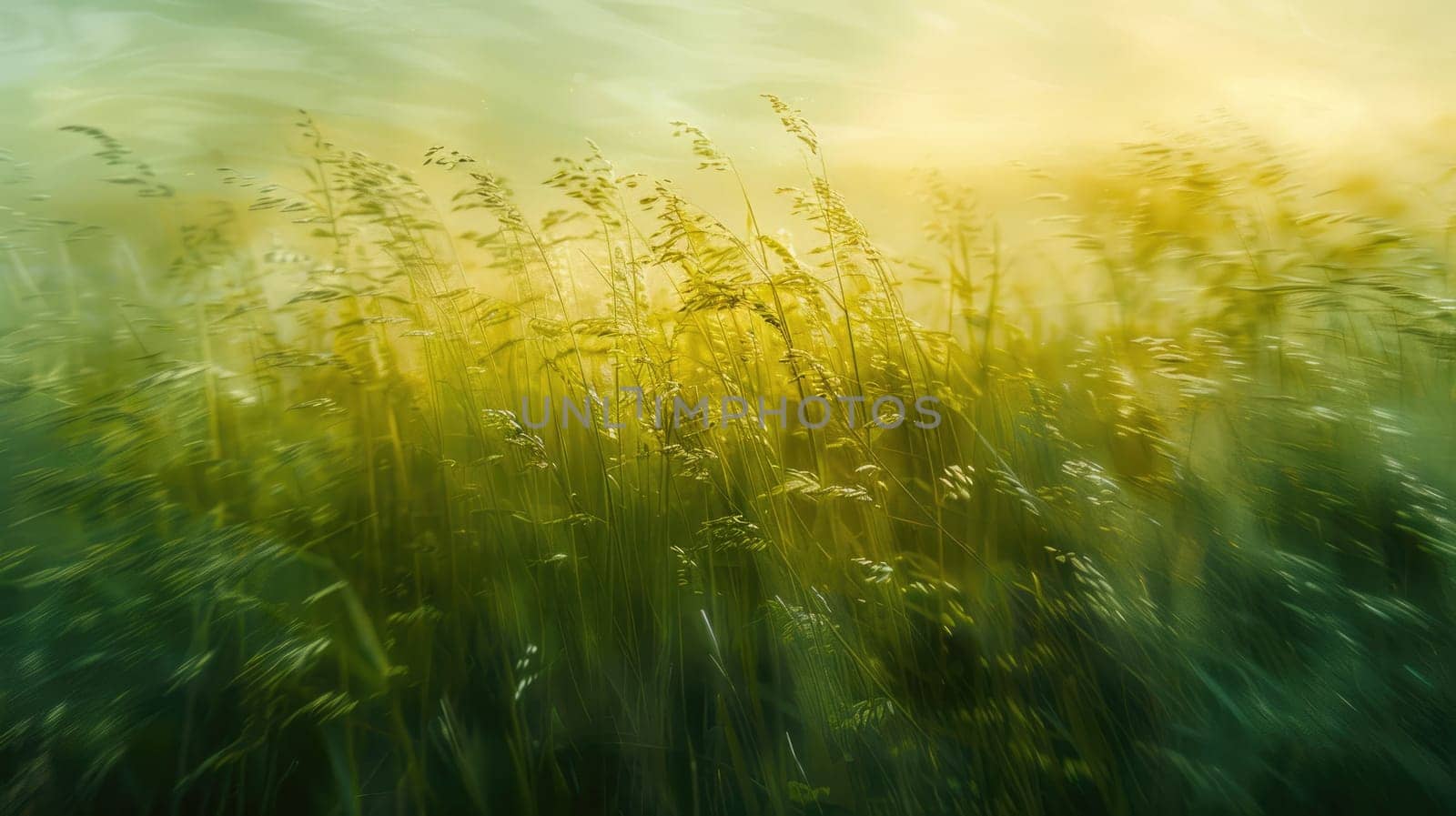 The grassland sways with the wind as the suns rays peek through the cumulus clouds, creating a beautiful pattern in the natural landscape AIG50