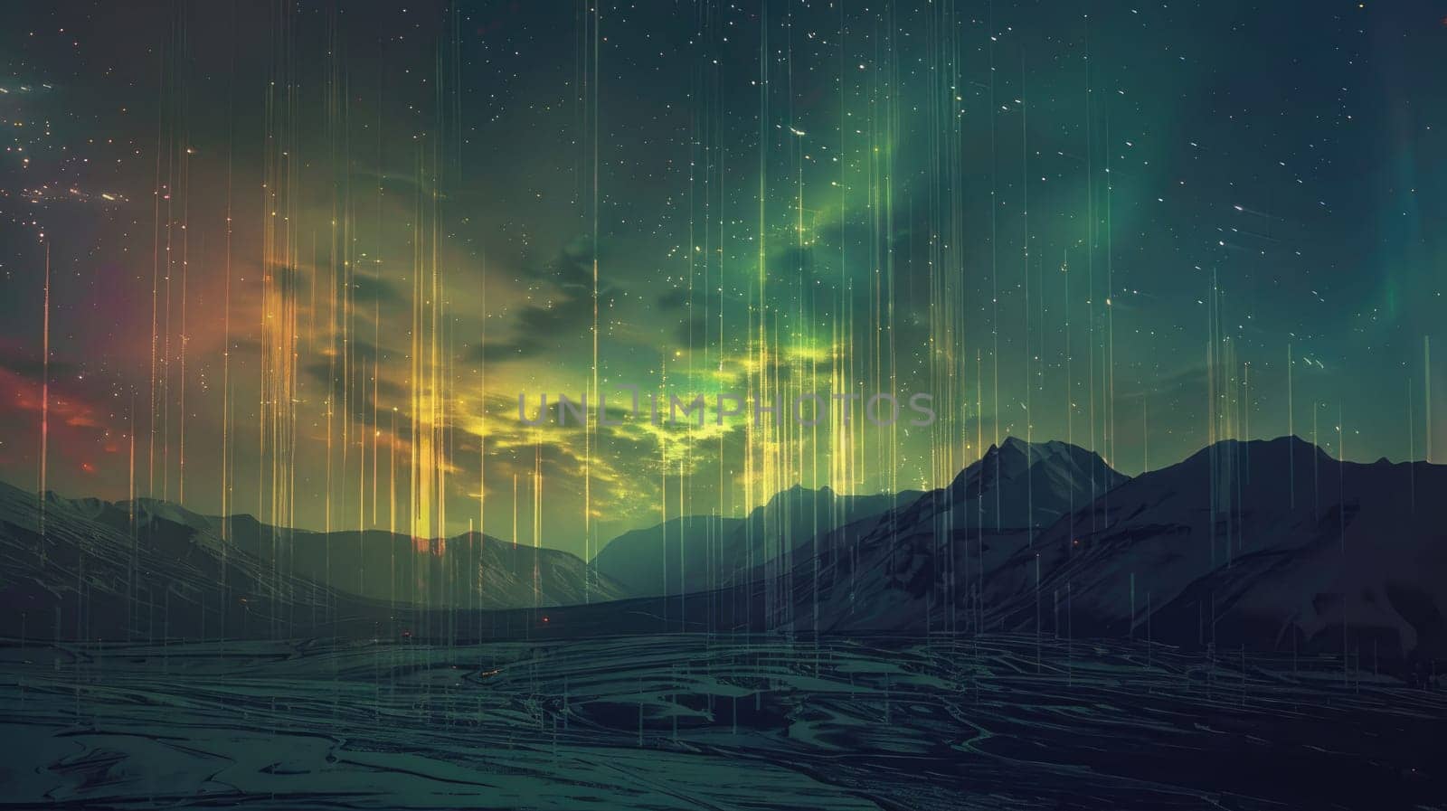 An artful computer generated image showcasing a vibrant rainbow in the sky, featuring shades of purple, violet, pink, magenta, and electric blue reflecting in the water with clouds in the background AIG50