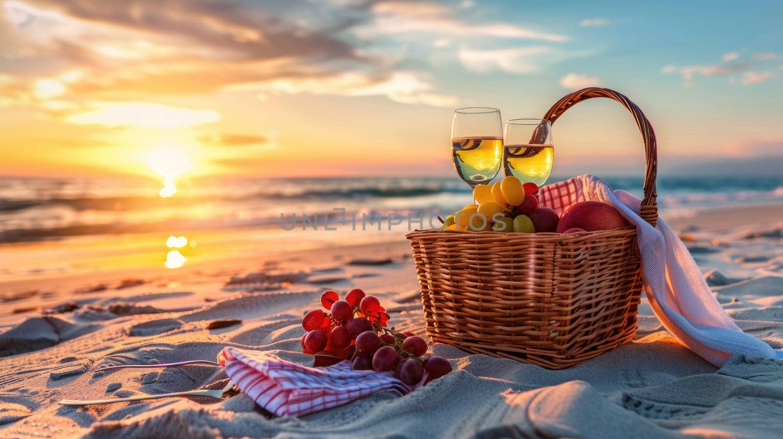 A picnic basket with food and wine on the beach at sunset, overlooking a calm body of water with boats in the distance and colorful clouds in the sky AIG50