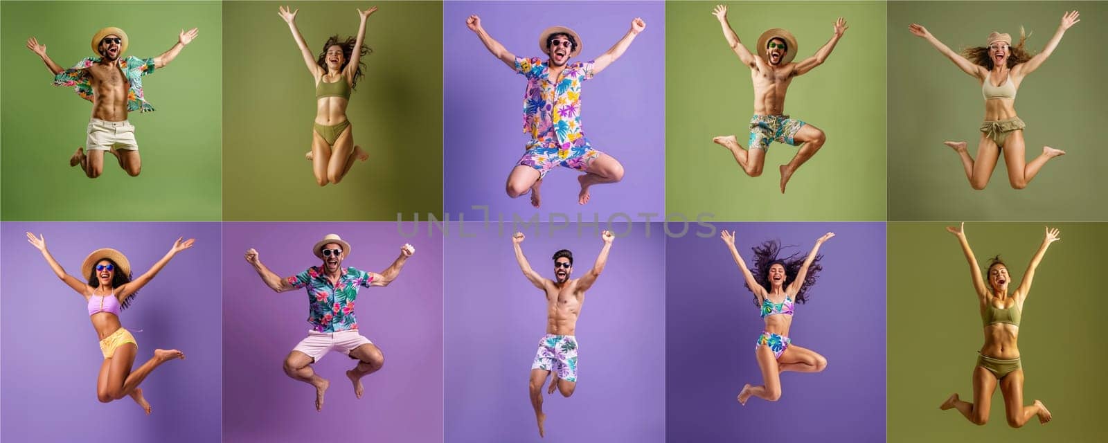 Summer people collection set, diverse people jumping on colorful background, many people funny jump wearing summer outfit fashion ready for swim and summer activity, summertime, beachwear AIG48