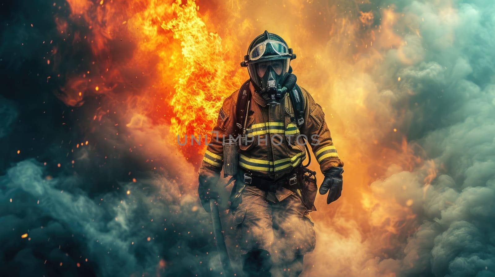 Skilled brave firefighter wearing safety gear and walking at place surrounded with smoke and prepare to put out fire. Portrait of energetic officer wearing protective cloth and survive in fire. AIG42.