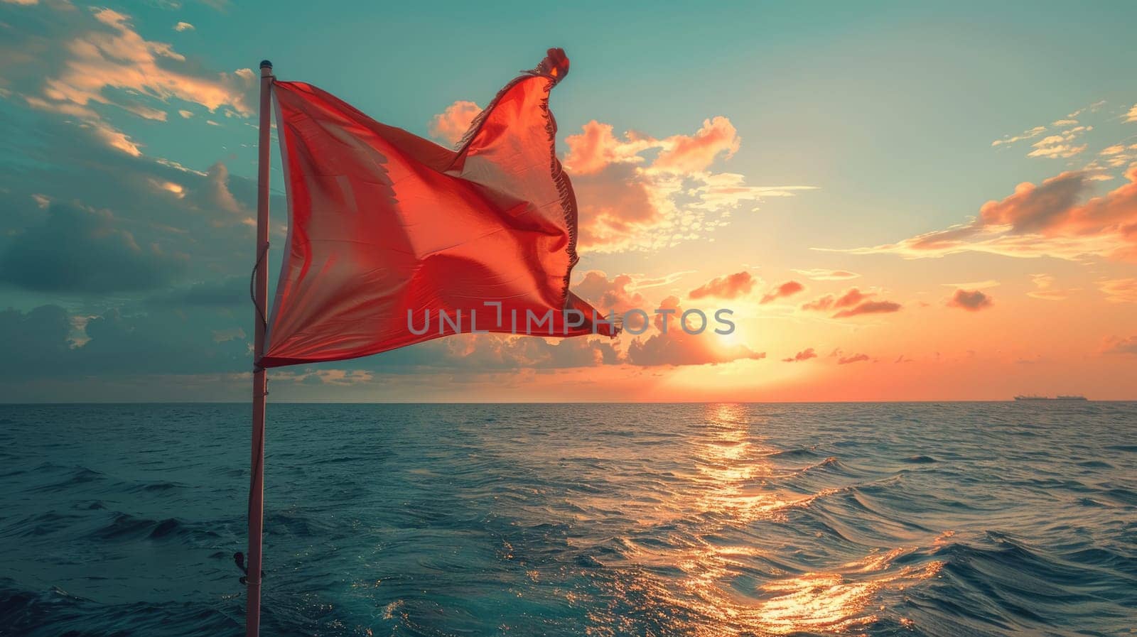 A vibrant red flag flutters under a cumulus cloud in the electric blue sky amidst the vast expanse of liquid water, signaling a warning to travelers of potential danger ahead AIG50