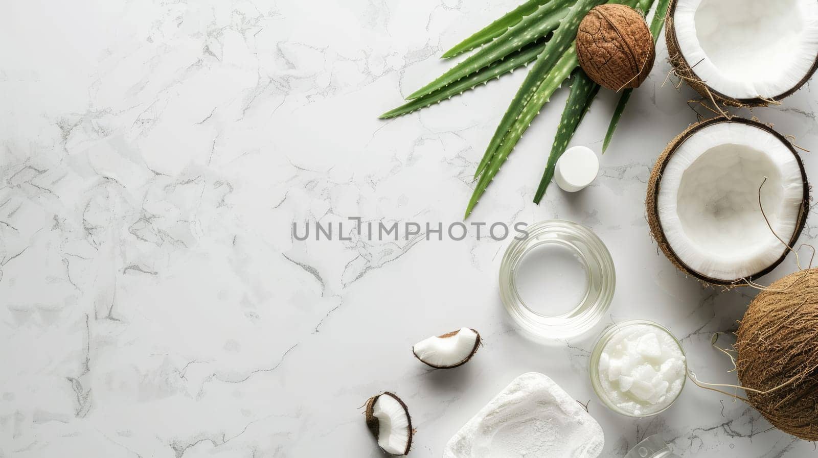 The table is filled with various ingredients like plant leaves, branches, twigs, and grass, along with dishware, tableware, plates for preparing delicious cuisine recipes AIG50