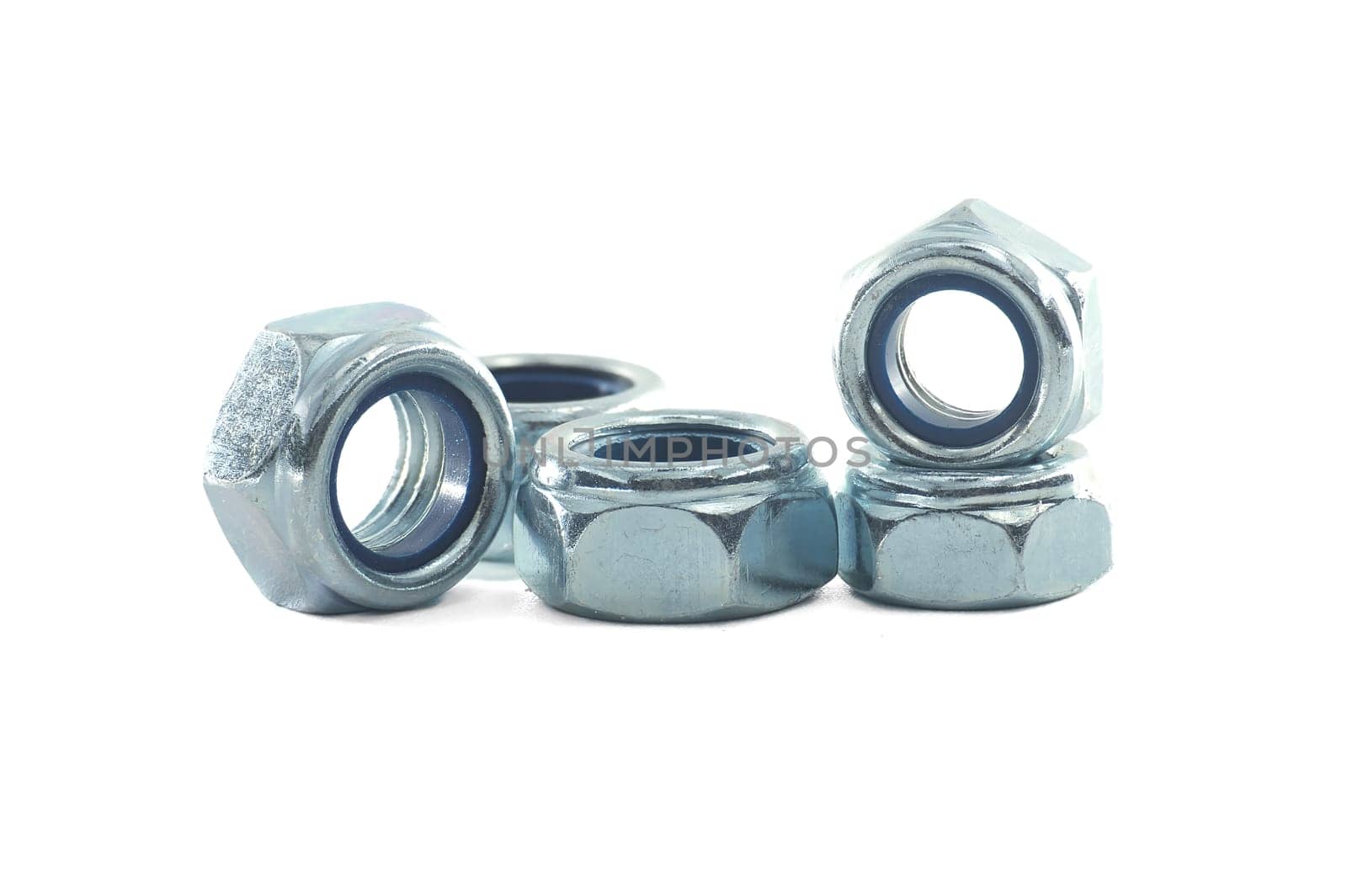 Zinc plated self locking nylon Insert hexagon nuts isolated on white background