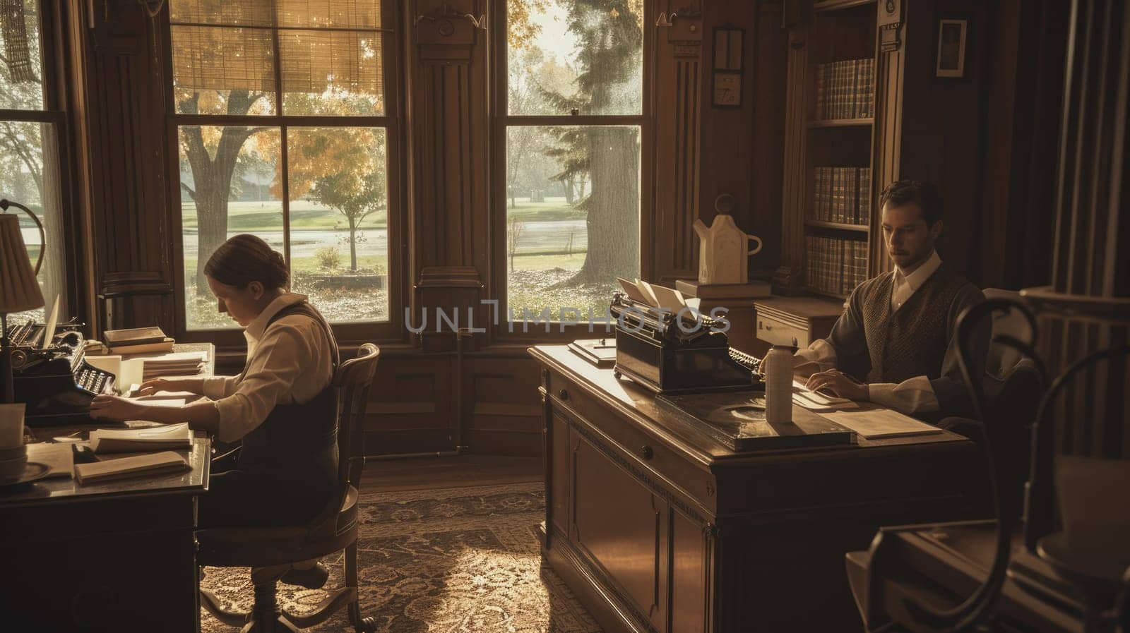 Two women seated at a table with a typewriter, sharing a conversation in a building with a window overlooking the street. AIG41