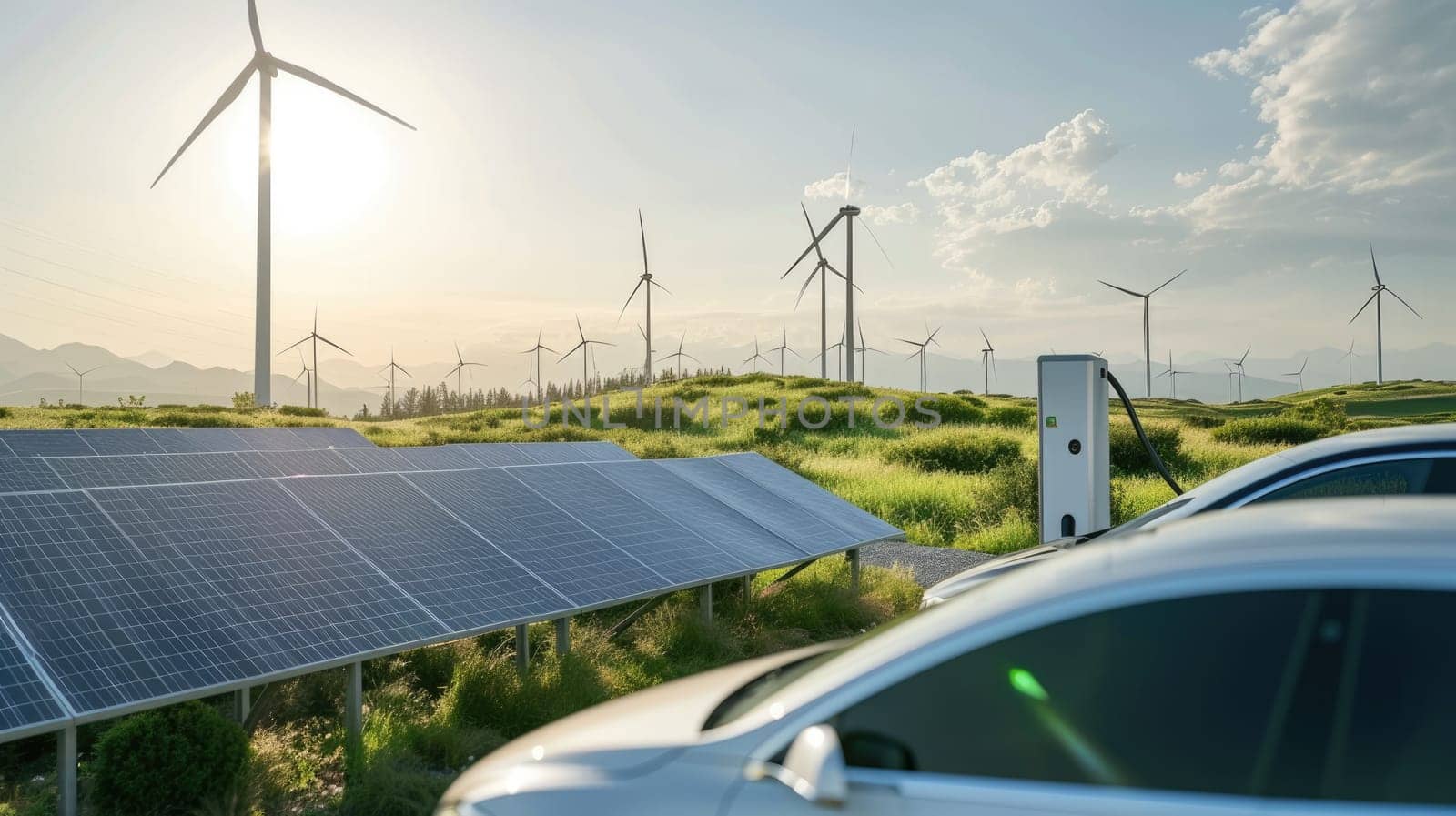 An image of wind mill and solar cell panel on mountain with blue sky. Represented clean energy, sustain energy eco city, solar energy, environmental friendly, ecology, green technology. AIG42.
