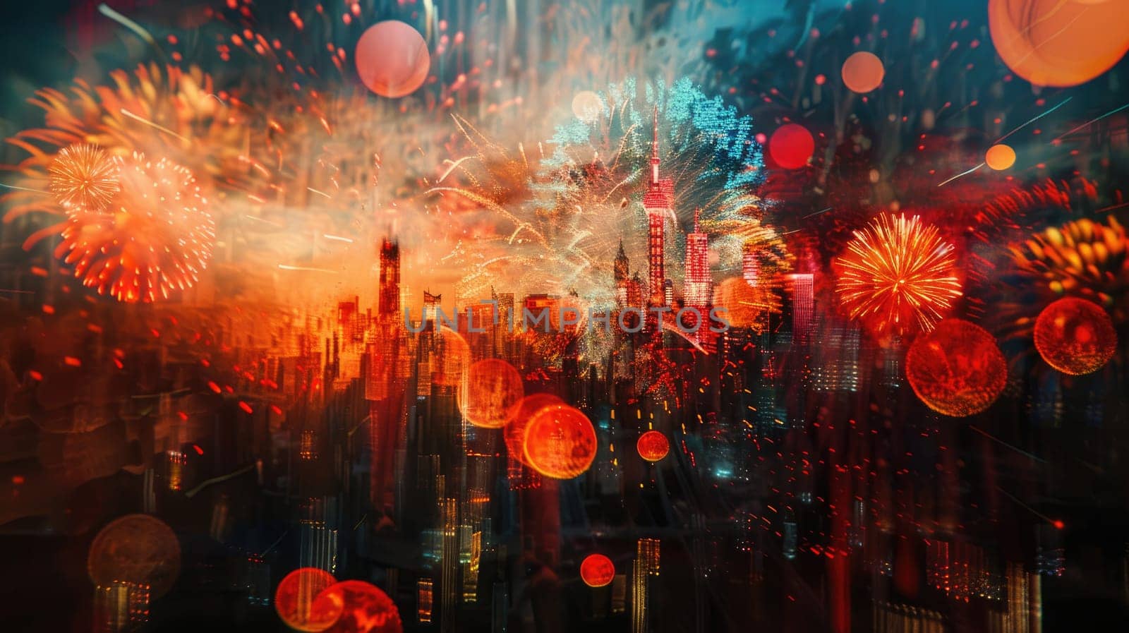 A stunning display of fireworks lighting up the night sky in the city. The blurry image captures the excitement and entertainment of a midnight holiday event AIG50
